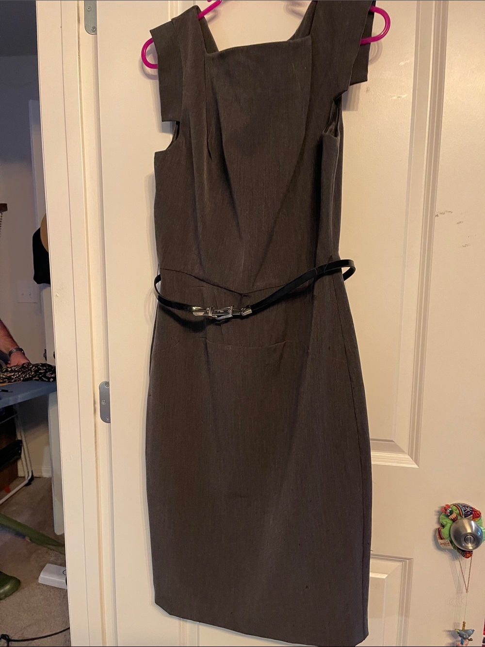 Simple Grey Midi Sheath Dress with Slim Belt
